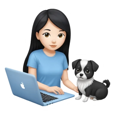 Asian girl with long black hair, wearing a light blue t-shirt, working on an Apple laptop, beside a small black and white dog sticker