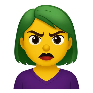 Create an emoji style image of a girl with green hair, angry expression, brown eyes, and lipstick blended with black and red. sticker