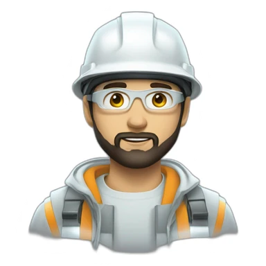 A young electrical engineer with a light black beard, a white helmet and a phosphorescent protection jacket sticker