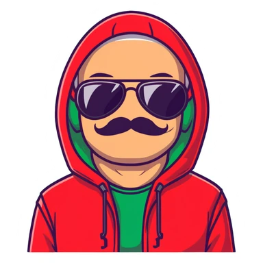 middle-aged man with thin mustache, black aviator sunglasses, red hoodie with hood covering head sticker