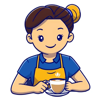 Cute brunette barista girl with hair in a bun wearing yellow shirt and dark blue apron, she's relaxed and making latte art, smiling at the coffee cup sticker