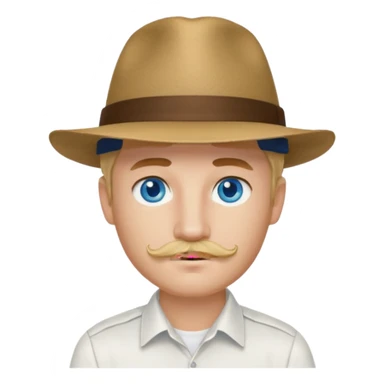 Justin Jeffre blue eyes, blonde hair and brown mustache, white shirt and hat sticker
