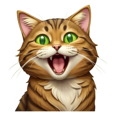 Cinematic Cute Yawning Brown Tabby Cat Portrait Emoji, Head tilted slightly with a dramatic, wide-open yawn, soft brown fur with bold tabby markings, long whiskers stretching forward, golden-green eyes barely open in drowsy contentment, Simplified yet irresistibly adorable features, highly detailed, glowing with a soft, cozy glow, high shine, relaxed yet expressive, stylized with a touch of whimsy, bright and endearing, soft glowing outline, capturing the essence of a sleepy yet affectionate kitty, so drowsy it feels like it could stretch right out of the screen and curl up for a nap! sticker