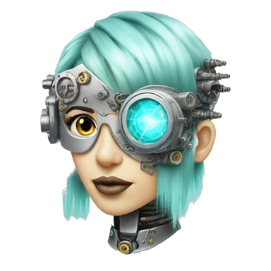Pastel aqua hair female cyborg head with silver steampunk goggles, goatee and circuits sticker