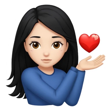 character with long black hair past elbow,  round, downturned dark brown eyes, heart shape face sticker