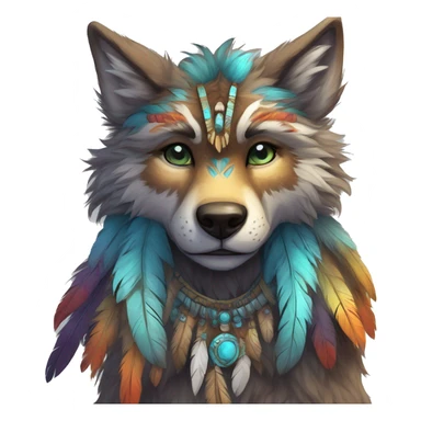 Anthro Fluffy Colorful Shy Spiritual Shamanic WereWolf-sona With Shiny Tribal Markings wearing feathers Full Body Detailed High Quality sticker