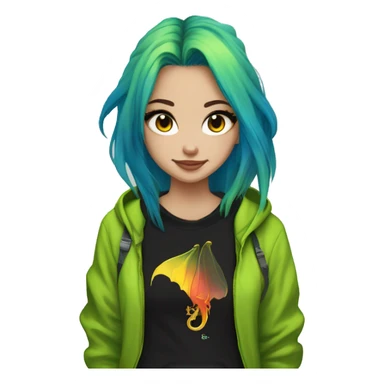 Lady with brunette and iridescent blue hair, gold, lime green dragon wings, black hoodie, bleach dyed, black and gold Nike t shirt, and bright red eyes sticker