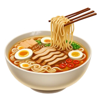 Cinematic Realistic Ramen Dish Emoji, showcasing a steaming bowl of rich broth with noodles and toppings rendered with dynamic textures and inviting, warm lighting. sticker
