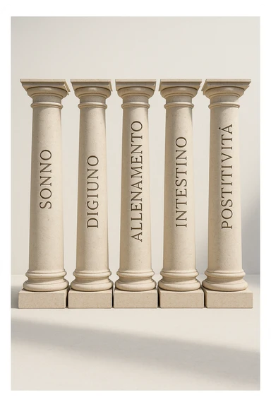 5 pilastri con le scritte "SONNO", "DIGIUNO", "ALLENAMENTO", "INTESTINO", "POSITIVITà" IMMAGINE IPERREALISTICA SFONDO CHIARO IN ITALIANO sticker