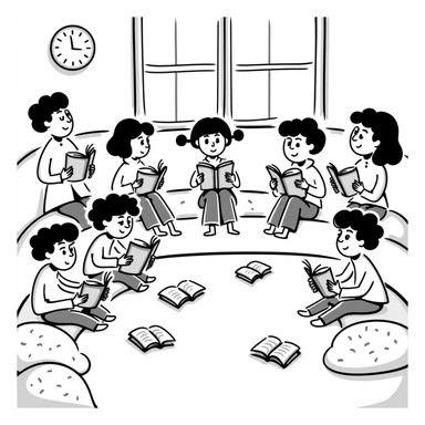 hand-drawn cozy classroom with cushions and books sticker