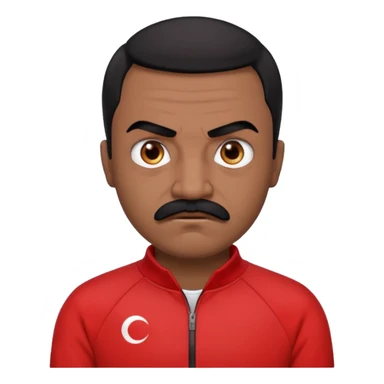 Recep İvedik character iconic look: short black hair, thick black eyebrows, distinct mustache, red-black tracksuit top, slightly angry and funny facial expression, Turkish comedy style emoji sticker