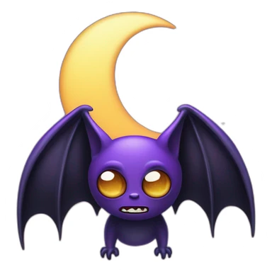 purple and black mad face vampire bat cartoon sparkle eyes wings flying in front of large dripping crescent moon sticker