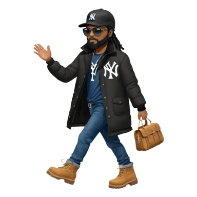 African American man with shoulder length black dreadlocks with black beard wearing black sunglasses wearing a black New York Yankees logo baseball cap wearing a black bubble winter coat with denim skinny jeans and timberland boots walking with hand out sticker