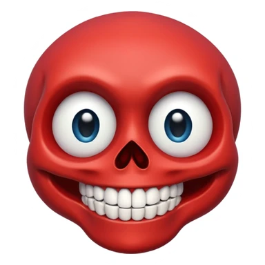 “A bright red cartoon skull with a smooth shiny surface, large round blue eyes with white outlines, a wide exaggerated smile showing big detailed teeth, simple black nose cavity, clean symmetrical face shape, centered on a plain light background, HD, sharp, vibrant, no distortion.” sticker