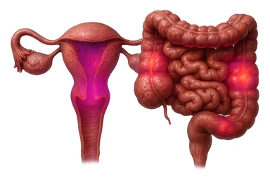 utero umano anatomico iperrealistico e intestino umano anatomico iperrealistico hanno in comune il dolore e l'infiammazione, rendi bene il collegamento tra i due organi doloranti, falla iperrealistica, non disegnata, fai colori che si adattano a questo viola #971ef1 sticker