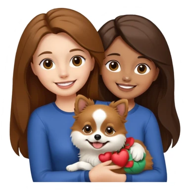 Create a high-quality emoji illustration of a woman with long brown hair, smiling, holding a small Pomeranian dog. The dog’s face is mostly black with a white line centered from the nose to the mouth. Minimalist emoji style, smooth lines, bright but natural colors.” sticker