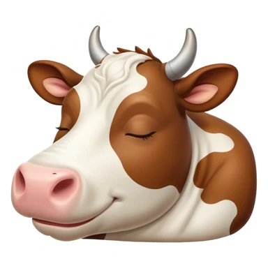 Meme-Worthy Cute Sleeping Brown and White Cow Portrait Emoji, Head resting peacefully with a contented smile, showcasing a robust build and a luxuriously soft patterned hide of brown and white, eyes shut in a serene, restful nap, Simplified yet hilariously adorable features, highly detailed, glowing with a soft, drowsy light, high shine, relaxed and utterly lovable, stylized with an air of playful laziness, bright and heartwarming, soft glowing outline, capturing the essence of a comically sleepy cow, so meme-worthy it feels like it could instantly become the next viral sensation of adorable slumber! sticker