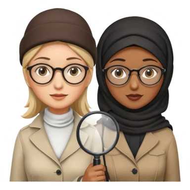 one white woman with hijab and glasses detective + one black woman without hijab and glasses detective  hand lens in one hand, hat etc sticker