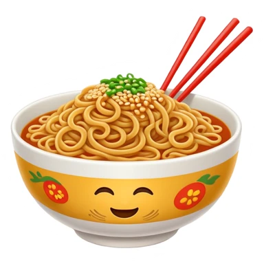 Wuhan hot dry noodles with sesame paste topping, simplified emoji style with bold outlines and bright colors, cartoon style unique breakfast noodles sticker