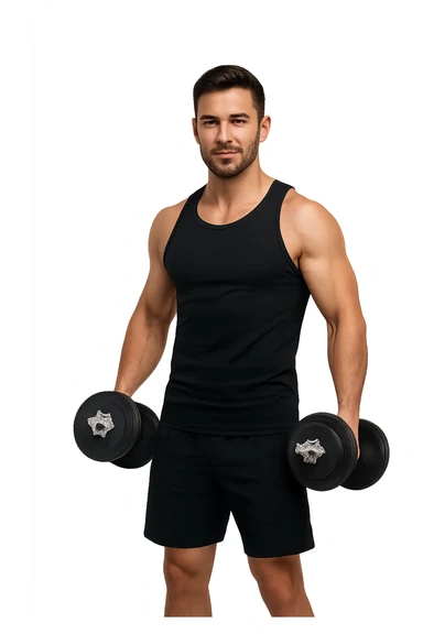 uomo fitness in forma con manubri da palestra in mano, isolata su sfondo bianco sticker