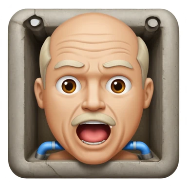 50 year old white male with an open mouth. No moustache—over his mouth is a square frame made of concrete connected to a drain pipe. He is proud and thinks his right, while being slightly angry because the joke is on him. sticker