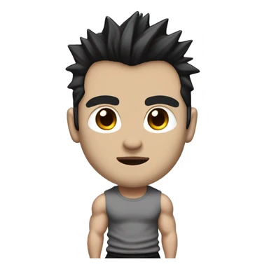 generate me an emoji that looks like a very bulky japanese bodybuilder with a scar on the left side of his lips, black spiky hair and eyes, a black slim fit  t-shirt and long baggy light grey japanese pants and black shoes sticker