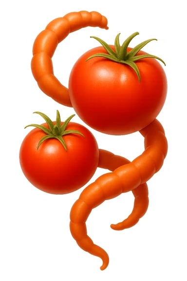 emoji stile iphone di pomodori che fluttuano in aria con colon attorcigliato intorno, iperrealistico 4k, isolato su sfondo bianco sticker