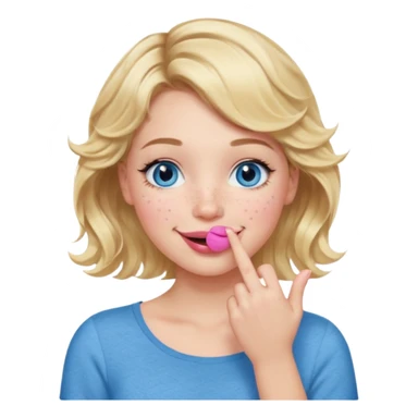 Girl Blonde short wavy hair,  blue eyes, cute blue top, long lashes, pink lips, smiling, hand over the mouth sticker