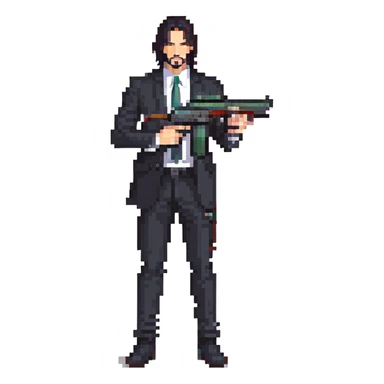 John Wick character with black suit, long dark hair, holding a gun sticker