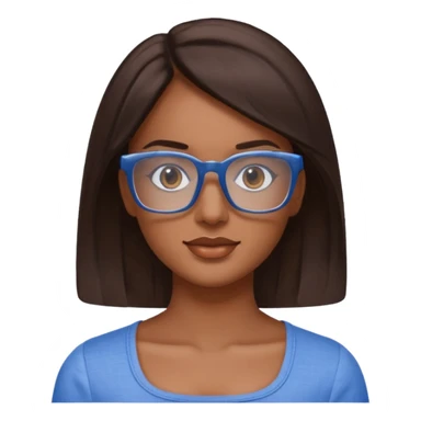 mujer de 30 años, cabello marron oscuro, anteojos cuadrados transparente, top celeste escote cuadrado sticker