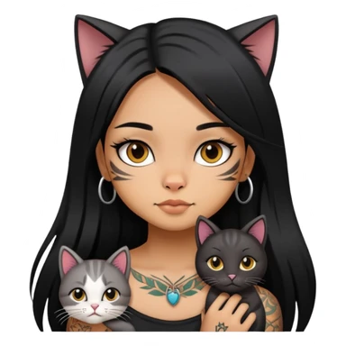girl with long black  straight hair and tattoos and cute cat sticker