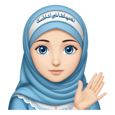 Turkish beautiful finish Konya girl blue eyes with cloudy hijab islamic dress and had on her hand text Eid Mubarak  sticker
