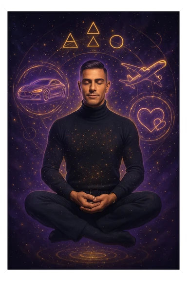 "Un uomo in meditazione fluttuante nello spazio cosmico, circondato da particelle dorate e simboli alchemici. Intorno a lui, oggetti e situazioni dei suoi desideri (auto, viaggi, amore) si materializzano come ologrammi luminosi. Stile cyber-mistico, colori viola e oro." sticker