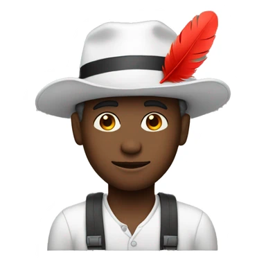black man with white hat + red feather attatched to hat sticker