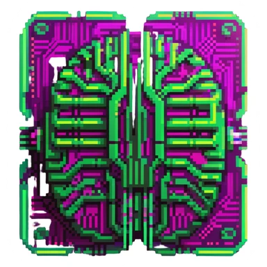 minimalist cartoon emoji of an AI brain chip, Matrix-inspired cyberpunk style, three neon green shades with magenta, clean crisp pixel lines, techy sticker look, stroke, futuristic digital feel sticker