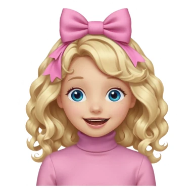 دختری با موی بلوند و خیلی بلند و فرفری و پاپیون صورتی روی سرش و یه لباس  یقه اسکی صورتی کم رنگ که شاینی هست و چشم های آبی و لباس های حجم دار در حال خندیدن sticker