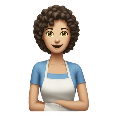 White woman with dark brown curly hair cooking sticker