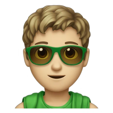 A young white boy with green cloth and green sunglasses with brown hair sticker