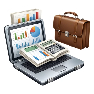Icon for Business Reading: an open book with a graph and financial charts, a briefcase, a calculator, and a laptop nearby. The icon should represent the world of business, finance, and professional growth. Transparent background. sticker