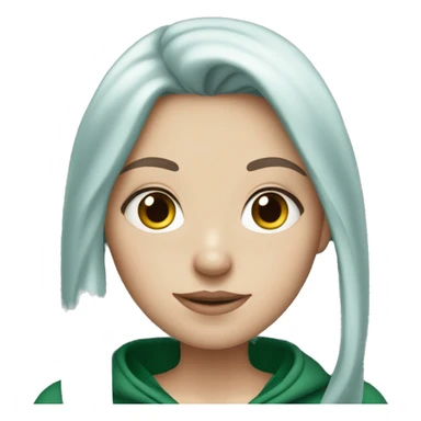 white girl with long dark blue hair wearing green hoodie sticker