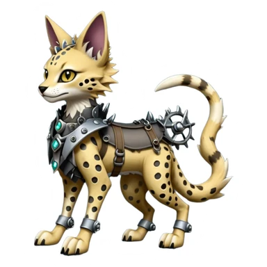 Epic complex detailed dark dusky gloomy deep gothic, realistic Fakémon-Sprigatito-Floragato-Meowscarada-Trico-Sergal-Serval-Vernid-creature (full body) with metal gears and metal knight collar sticker