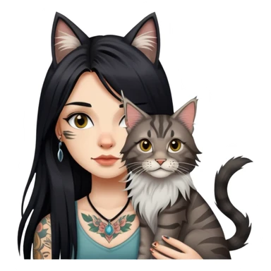 girl with long black  straight hair and tattoos and a tabby Maine coon sticker