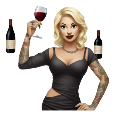 Blonde elegant women, her body covered with tattoos, wine in her one hand, Pointing Forward with her Other Hand , Hyper realistic sticker