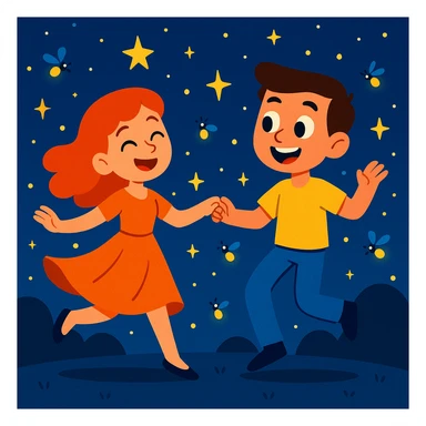 A red-haired girl and a boy dancing together under a starry night sky, with fireflies around them. sticker