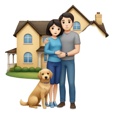 Девушка с тёмными короткими волосами стоит на фоне большого дома рядом с ней мужчина со светлыми волосами обнимаются рядом собака sticker