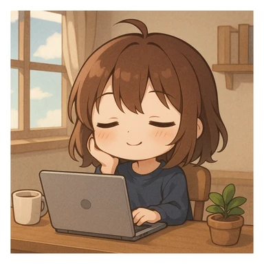 Add a laptop on the desk in front of the chibi girl, preserving the relaxed vibe. sticker