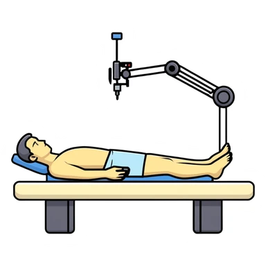 Medical DEXA scan machine with male patient lying flat on table, technician operating bone density measurement equipment, side view sticker
