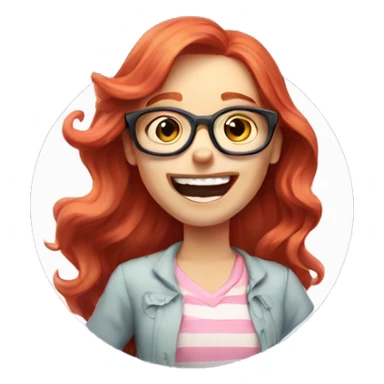 Pale, Long Wavy haired red head, girl with pink circular glasses glasses laughing and pointing sticker