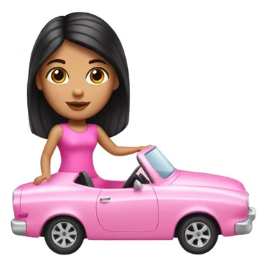 A light hispanic girl with black hair driving a pink barbie car sticker