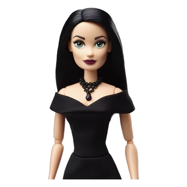  Elegant witch Wednesday Addams Barbie.  Small very light skin face. Earrings with matching necklaces. Long silky raven hair. black flowing strapless tight evening gown neckline that’s off-the-shoulders shows her legs and black high heel shoes.rc car sticker